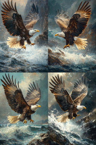 an eagle spreading its wings to catch a fish in the water, majestic, wild, with a proud look, determined, oil painting style, with a palette of warm and cool colors, soft diffused lighting, near a rocky coastline.