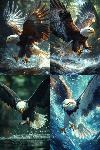 an eagle spreading its wings to catch a fish in the water, cool, energetic, with big bright eyes, agile, anime style,