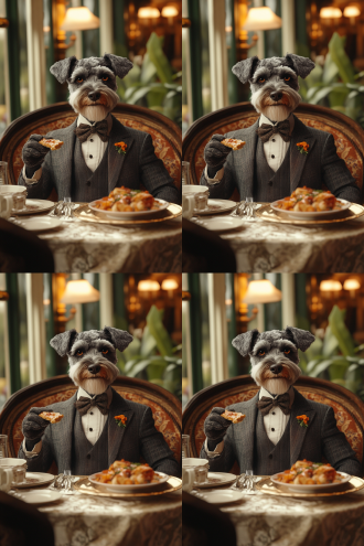 a humanoid schnauzer dog in a tailored suit, sitting elegantly at a table in a well-decorated restaurant. the table is set with fine cutlery and a delicious meal. it holds a fork and knife, about to take a bite, with a satisfied and refined expression. photorealistic style, interior view of the restaurant, medium shot composition.