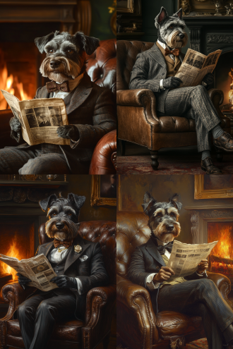 anthropomorphic schnauzer wearing a vintage suit, sitting in a leather armchair by the fireplace, reading an old newspaper with a solemn expression, in a victorian style study, realistic style.