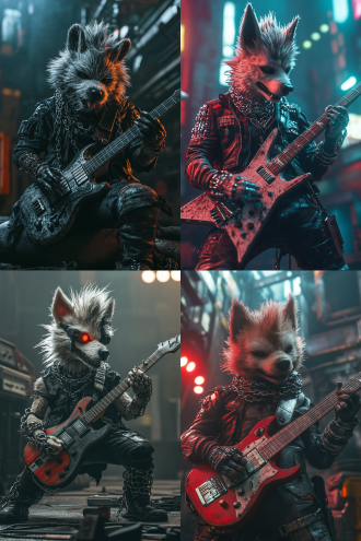 punk stage from old factory. anthropomorphic schnauzer, wild mohawk, chain-clad, on beast-bone-like electric guitar, strumming hard. hyper-real, movie style, cyberpunk, full view.