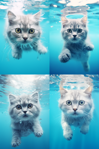 一只英国短毛蓝猫、在蓝色清澈透明的水里游泳，淡白色和绿松石，浅海蓝宝石，千年虫的审美，柔软而梦幻，流行instagram，高水平的细节，逼真的照片感觉