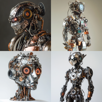 由火花塞，螺丝 马达 电机 显示器 按钮 齿轮 电熨斗组成的机甲工艺品，赛博朋克，不锈钢，铜，铝