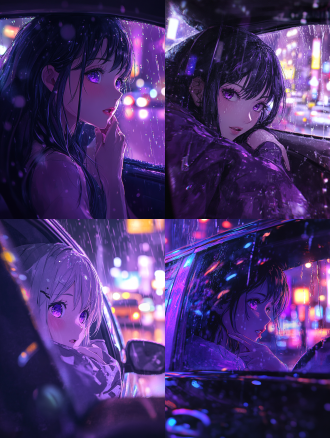 动漫风格，治愈系插画，线条插画，专业摄影，超清晰细节，紫色系，广角镜头，动态姿势，晚上，下雨天，坐在出租车内，看着窗外，手放在车窗，左右眼睛看窗外，说话，微笑，全景