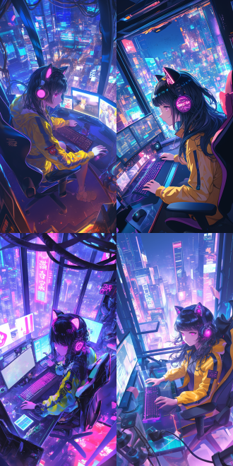 生成一张赛博朋克风格的电竞房场景，房间内有一名黑色长发的少女，她戴着一个带有led灯光的猫耳耳机，身穿黄色冲锋衣，衣服上有黑色双杠条纹。少女的眼睛是粉色的，睫毛修长，眼神专注。房间有一面巨大的落地窗，窗外是未来都市的夜景，霓虹灯闪烁。房间内有电竞设备，如机械键盘、游戏鼠标、多个显示器等，设备带有rgb灯光效果。整体画面充满科技感和未来感，色调以冷色为主，搭配一些暖色点缀。