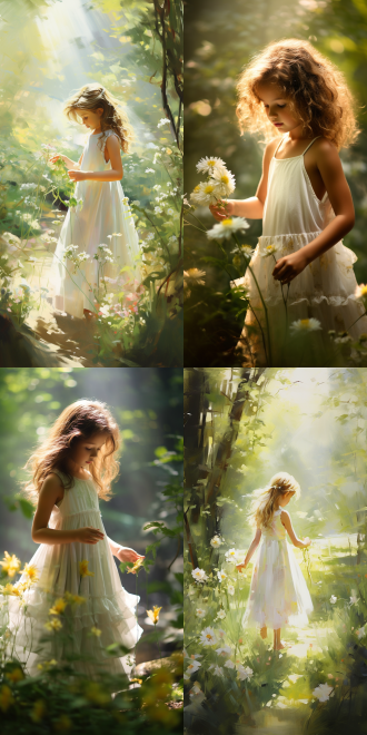 治愈系风格，阳光透过森林，柔和的光线，浅绿色和淡黄色调，身穿白色吊带裙的小女孩站在花丛中，温暖宁静的氛围