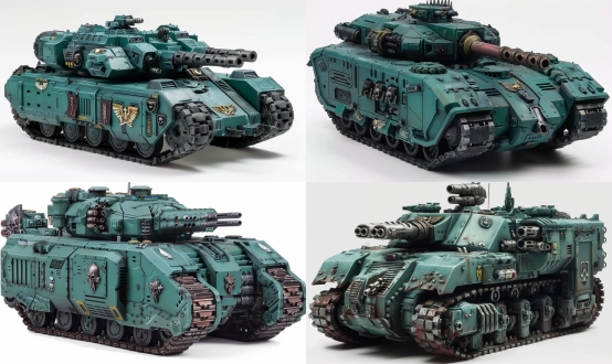 warhammer 40,000: a green tank with large turrets and huge cannons on the sides is painted in dark teal. the whole vehicle has black stripes along its sides. the background is white. the style should be like a real product photo shoot, in the style of warhammer 40,000.
