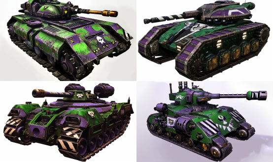 warhammer 40,000: a green tank with large turrets and huge cannons on the sides is painted in dark teal. the whole vehicle has black stripes along its sides. the background is white. the style should be like a real product photo shoot, in the style of warhammer 40,000.