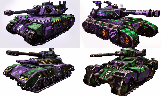 warhammer 40,000: a green tank with large turrets and huge cannons on the sides is painted in dark teal. the whole vehicle has black stripes along its sides. the background is white. the style should be like a real product photo shoot, in the style of warhammer 40,000.