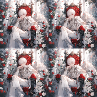 超级可爱的白发男孩，天使主题，坐在王座上，红色玫瑰，白色荆棘丛生