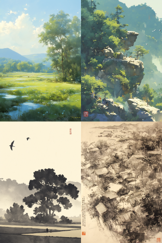 肌理磨砂，新工笔，国风光影。极乐世界，天空湛蓝如洗，白云悠然飘荡。阳光柔和，大地葱绿，森林茂密，花朵绚烂。鸟语花香，溪水潺潺。人们面带笑容，心灵纯净，无忧无虑。这是一个充满爱与和谐的净土，让人心灵安宁。 ， 8k，完美细节，简约构图，