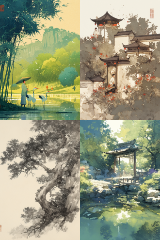 肌理磨砂，新工笔，国风光影。极乐世界，天空湛蓝如洗，白云悠然飘荡。阳光柔和，大地葱绿，森林茂密，花朵绚烂。鸟语花香，溪水潺潺。人们面带笑容，心灵纯净，无忧无虑。这是一个充满爱与和谐的净土，让人心灵安宁。 ， 8k，完美细节，简约构图，