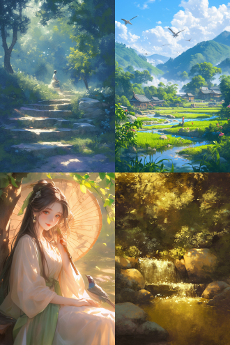 肌理磨砂，新工笔，国风光影。极乐世界，天空湛蓝如洗，白云悠然飘荡。阳光柔和，大地葱绿，森林茂密，花朵绚烂。鸟语花香，溪水潺潺。人们面带笑容，心灵纯净，无忧无虑。这是一个充满爱与和谐的净土，让人心灵安宁。 ， 8k，完美细节，简约构图，