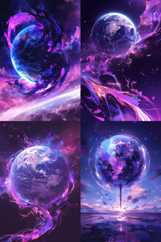 地球在星际空间 被紫色火焰包围