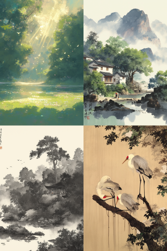 肌理磨砂，新工笔，国风光影。极乐世界，天空湛蓝如洗，白云悠然飘荡。阳光柔和，大地葱绿，森林茂密，花朵绚烂。鸟语花香，溪水潺潺。人们面带笑容，心灵纯净，无忧无虑。这是一个充满爱与和谐的净土，让人心灵安宁。 ， 8k，完美细节，简约构图，