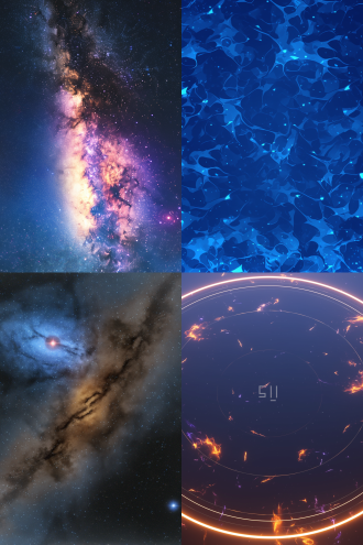 星际空间，全景构图，黑暗深邃，星辰密布，银河横贯，星云旋转，色彩斑斓，8k画质，广角镜头，侧光照明，静谧神秘，微光闪烁。 虚幻引擎 oc渲染器 文艺复兴 创风格