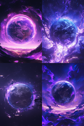 地球在星际空间被紫色火焰包围，居中构图，浩瀚星空背景，科幻风格，超广角镜头，暗调，背光，悬浮，神秘，紫色主色调。 虚幻引擎 oc渲染器 文艺复兴 创风格