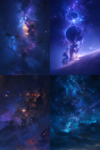 星际空间，全景构图，黑暗深邃，宇宙无垠，星辰点缀，银河横贯，星云旋转色彩斑斓，遥远星系若隐若现，冷色调，广角镜头，微光照明，神秘，8k。 虚幻引擎 oc渲染器 文艺复兴 创风格