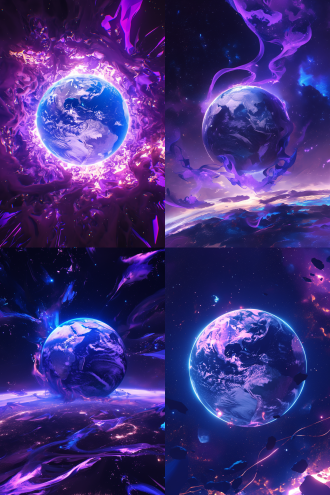 地球在星际空间被紫色火焰包围，居中构图，浩瀚星空背景，科幻风格，超广角镜头，暗调，背光，悬浮，神秘，紫色主色调。 虚幻引擎 oc渲染器 文艺复兴 创风格