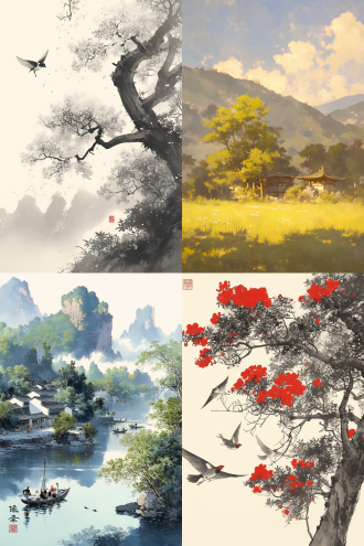 肌理磨砂，新工笔，国风光影。极乐世界，天空湛蓝如洗，白云悠然飘荡。阳光柔和，大地葱绿，森林茂密，花朵绚烂。鸟语花香，溪水潺潺。人们面带笑容，心灵纯净，无忧无虑。这是一个充满爱与和谐的净土，让人心灵安宁。 ， 8k，完美细节，简约构图，