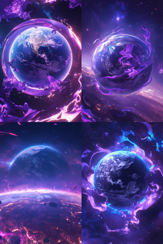 地球在星际空间被紫色火焰包围，居中构图，浩瀚星空背景，科幻风格，超广角镜头，暗调，背光，悬浮，神秘，紫色主色调。 虚幻引擎 oc渲染器 文艺复兴 创风格
