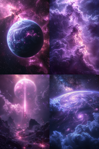 地球在星际空间被紫色火焰包围，居中构图，浩瀚星空背景，科幻风格，大景深，广角镜头，和谐配色，暗调，背光，悬浮，神秘，8k，细节丰富，高动态光照渲染