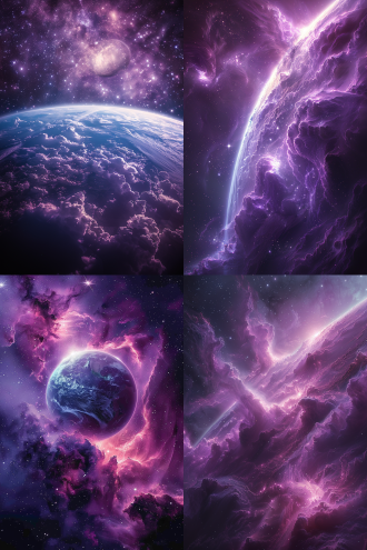 地球于星际空间被紫色火焰环绕，浩瀚星空为背景，科幻风，大景深，广角镜头，暗调，背光，悬浮，神秘，和谐配色，8k，第三人称视角 。 星云 银河