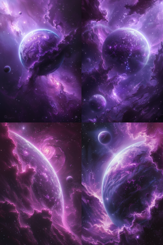 地球在星际空间被紫色火焰包围，浩瀚星空背景，科幻风格，大景深，广角镜头，悬浮状，神秘氛围，8k画质，第三人称视角，冷色调。 星云 银河