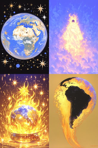 从太空中看地球，紫色火焰包裹，全景构图，宇宙环境，超广镜头，冷色调，逆光，无云，神秘，火焰动态，星球元素，高分辨率，深邃感，漫画风格，水彩质感，儿童画色彩。 漫画 水彩儿童画