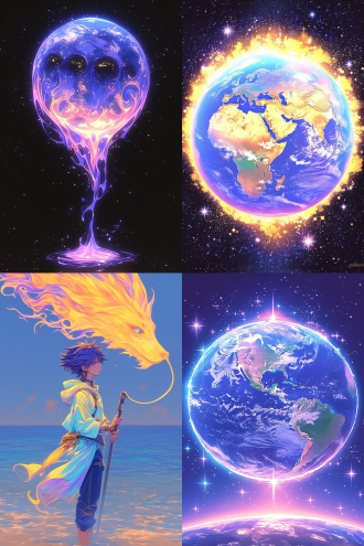 从太空中看地球，紫色火焰包裹，全景构图，宇宙环境，超广镜头，冷色调，逆光，无云，神秘，火焰动态，星球元素，高分辨率，深邃感，漫画风，水彩儿童画风格。 漫画 水彩儿童画