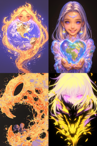 从太空中看地球，紫色火焰包裹，全景构图，宇宙环境，超广镜头，冷色调，逆光，无云，神秘，火焰动态，星球元素，高分辨率，深邃感，漫画风，水彩儿童画风格。 漫画 水彩儿童画