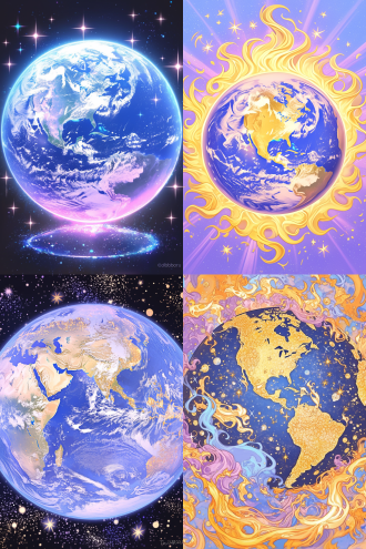 从太空中看地球，紫色火焰包裹，全景构图，宇宙环境，超广镜头，冷色调，逆光，无云，神秘，火焰动态，星球元素，高分辨率，深邃感，漫画风格，水彩儿童画。 漫画 水彩儿童画