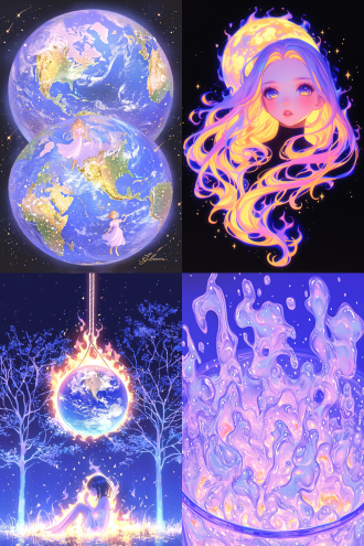 从太空中看地球，紫色火焰包裹，全景构图，宇宙环境，超广镜头，冷色调，逆光，无云，神秘，火焰动态，星球元素，高分辨率，深邃感，漫画风，水彩儿童画风格 漫画 水彩儿童画