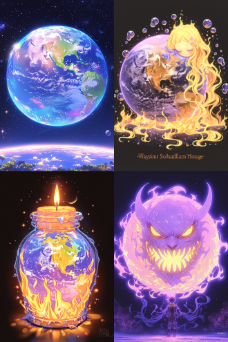 从太空中看地球，紫色火焰包裹，全景构图，宇宙环境，超广镜头，冷色调，逆光，无云，神秘，火焰动态，星球元素，高分辨率，深邃感，漫画风，水彩儿童画风格。 漫画 水彩儿童画