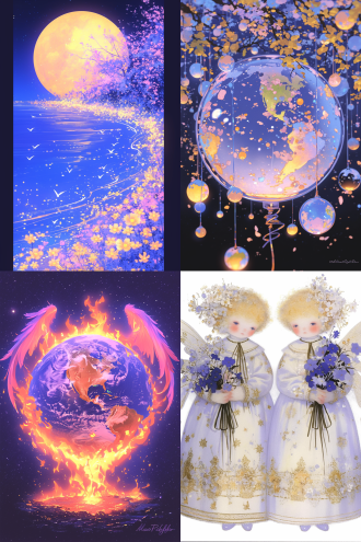 许多天使环绕地球，全景构图，宇宙环境，超广镜头，冷色调，逆光，无云，神秘，火焰动态，星球元素，高分辨率，深邃感，漫画风格，水彩质感，儿童画色彩。 漫画 水彩儿童画