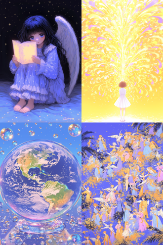 许多天使环绕地球，全景构图，宇宙环境，超广镜头，冷色调，逆光，无云，神秘，火焰动态，星球元素，高分辨率，深邃感，漫画风格，水彩质感，儿童画色彩。 漫画 水彩儿童画