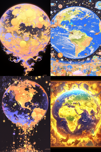 许多天使环绕地球，全景构图，宇宙环境，超广镜头，冷色调，逆光，无云，神秘，火焰动态，星球元素，高分辨率，深邃感，漫画风格，水彩质感，儿童画色彩。 漫画 水彩儿童画