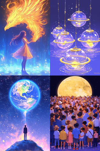 许多天使环绕地球，全景构图，宇宙环境，超广镜头，冷色调，逆光，无云，神秘，火焰动态，星球元素，高分辨率，深邃感，漫画风格，水彩质感，儿童画色彩。 漫画 水彩儿童画