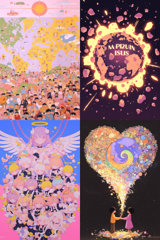 许多天使环绕地球，全景构图，宇宙环境，超广镜头，冷色调，逆光，无云，神秘，火焰动态，星球元素，高分辨率，深邃感，漫画风格，水彩质感，儿童画色彩