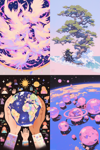 许多天使环绕地球，全景构图，宇宙环境，超广镜头，冷色调，逆光，无云，神秘，火焰动态，星球元素，高分辨率，深邃感，漫画风格，水彩质感，儿童画色彩。