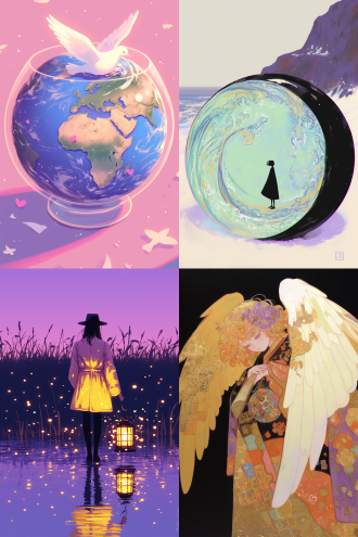 许多天使环绕地球，全景构图，宇宙环境，超广镜头，冷色调，逆光，无云，神秘，火焰动态，星球元素，高分辨率，深邃感，漫画风格，水彩质感，儿童画色彩