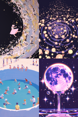 许多天使环绕地球，全景构图，宇宙环境，超广镜头，冷色调，逆光，无云，神秘，火焰动态，星球元素，高分辨率，深邃感，漫画风格，水彩质感，儿童画色彩