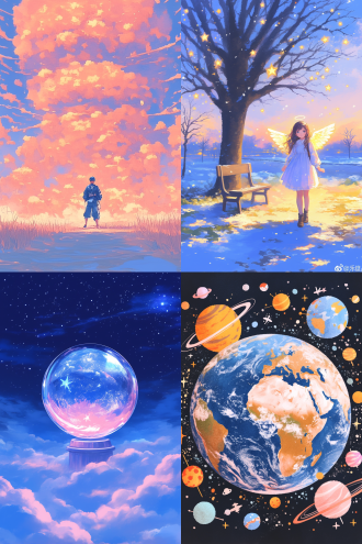 许多天使环绕地球，全景构图，宇宙环境，超广镜头，冷色调，逆光，无云，神秘，火焰动态，星球元素，高分辨率，深邃感，漫画风格，水彩质感，儿童画色彩