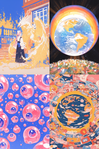 许多天使环绕地球，全景构图，宇宙环境，超广镜头，冷色调，逆光，无云，神秘，火焰动态，星球元素，高分辨率，深邃感，漫画风格，水彩质感，儿童画色彩