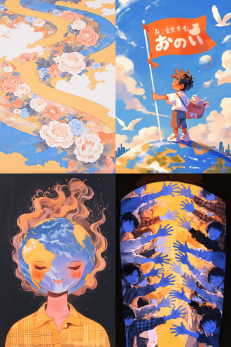 许多天使环绕地球，全景构图，宇宙环境，超广镜头，冷色调，逆光，无云，神秘，火焰动态，星球元素，高分辨率，深邃感，漫画风格，水彩质感，儿童画色彩