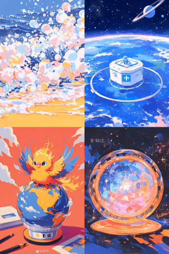 许多天使环绕地球，全景构图，宇宙环境，超广镜头，冷色调，逆光，无云，神秘，火焰动态，星球元素，高分辨率，深邃感，漫画风格，水彩质感，儿童画色彩