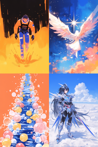 许多天使环绕地球，全景构图，宇宙环境，超广镜头，冷色调，逆光，无云，神秘，火焰动态，星球元素，高分辨率，深邃感，漫画风格，水彩质感，儿童画色彩