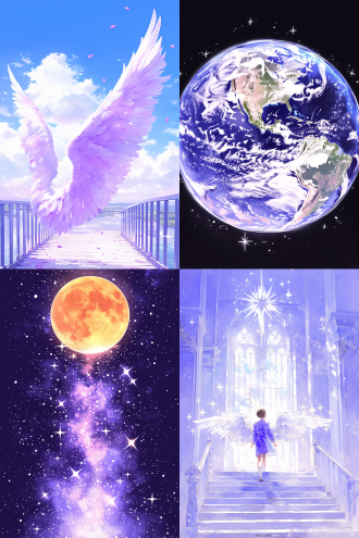 许多天使环绕地球，全景构图，宇宙环境，超广镜头，冷色调，逆光，无云，神秘，火焰动态，星球元素，高分辨率，深邃感，漫画风格，水彩质感，儿童画色彩