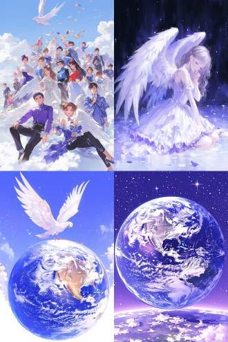 许多天使环绕地球，全景构图，宇宙环境，超广镜头，冷色调，逆光，无云，神秘，火焰动态，星球元素，高分辨率，深邃感，漫画风格，水彩质感，儿童画色彩