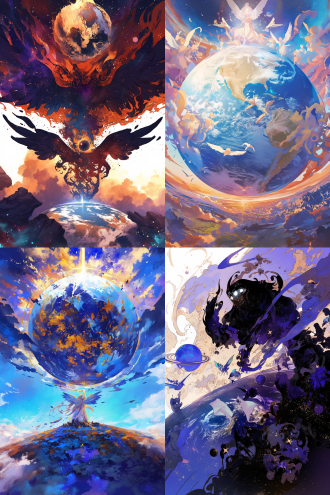 许多天使环绕地球，全景构图，宇宙环境，超广镜头，冷色调，逆光，无云，神秘，火焰动态，星球元素，高分辨率，深邃感，漫画风格，水彩质感，儿童画色彩